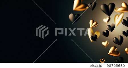 Romantic Card Background with 3D Gold and Black Flying Hearts with Space for Your Text 98706680
