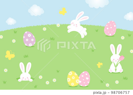 うさぎとイースターエッグと花の背景イラスト 98706757