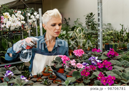 Woman gardeners watering plant in pots. Home garden concept. 98706781