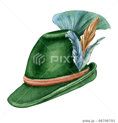 German green hat and feathers watercolor illustration isolated on white background. German green hat and feathers watercolor illustration isolated on white background. 98706793
