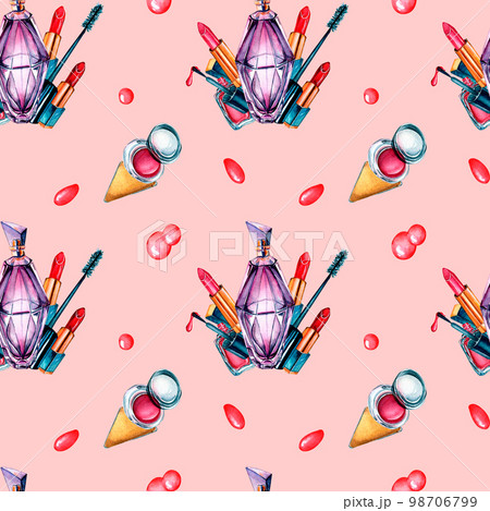Make up cosmetic, perfume watercolor seamless pattern isolated on pink background. 98706799