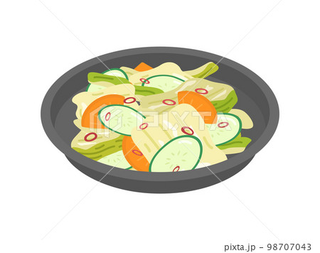 皿に盛り付けられた、白菜と胡瓜と人参の浅漬けのイラスト 皿に盛り付けられた、白菜と胡瓜と人参の浅漬けのイラスト 98707043