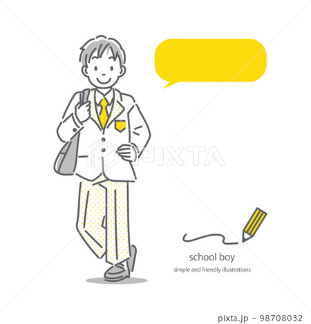 明るくポジティブな男子高校生　全身　シンプルでお洒落な線画イラスト 98708032