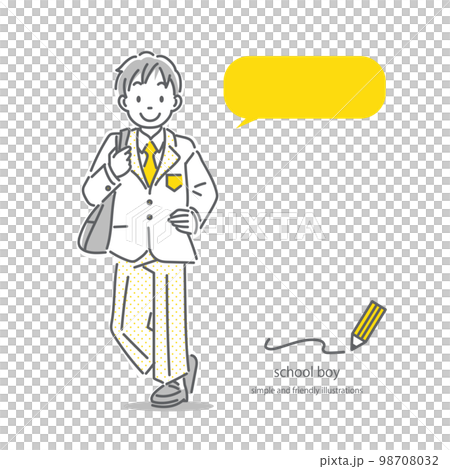 明るくポジティブな男子高校生　全身　シンプルでお洒落な線画イラスト 98708032