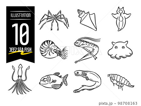 深海魚をモチーフにした手描き風のポップなアイコンイラスト10点セット 98708163
