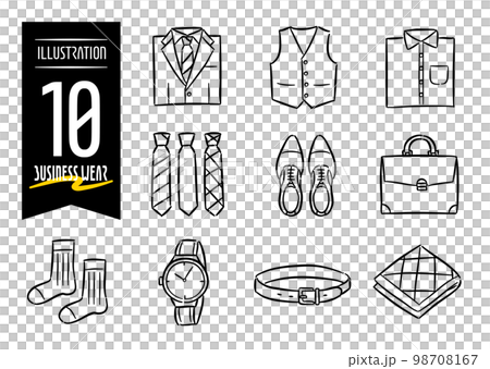 Set of 10 hand-drawn style pop icon illustrations with business wear motifs Set of 10 hand-drawn style pop icon illustrations with business wear motifs 98708167