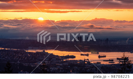 Developed city with industrial and residential buildings. Clouds in Background. 98708225