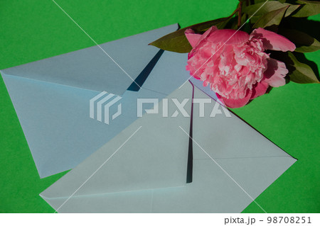 Greeting or invitation card mockup with envelope Blank paper card with copy space, peony flower with sunlight shadows. Top view, flat lay minimalist aesthetic luxury bohemian business branding concept Greeting or invitation card mockup with envelope Blank paper card with copy space, peony flower with sunlight shadows. Top view, flat lay minimalist aesthetic luxury bohemian business branding concept 98708251