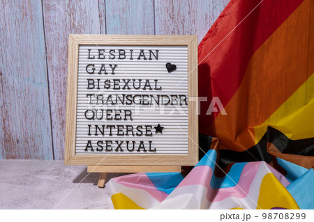 LGBTQIA description frame on Rainbow LGBTQIA flag made from silk material. LESBIAN, GAY, BISEXUAL, TRANSGENDER, QUEER, INTERSEX, ASEXUAL Symbol of LGBTQ pride month. Equal rights. Peace and freedom 98708299