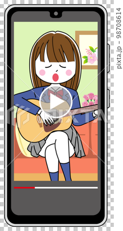 ギターの弾き語りを自宅でライブ配信する女 98708614