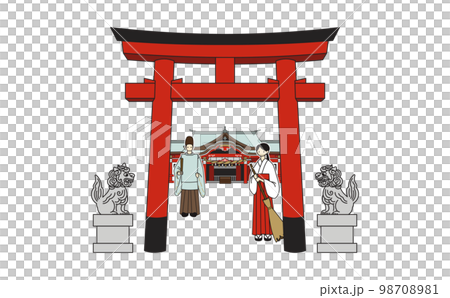 從正面看到的帶有輪廓的神社插圖 98708981