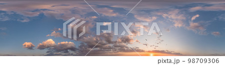 Dark blue sunset sky panorama with pink Cumulus clouds. Seamless hdr 360 panorama in spherical equirectangular format. Full zenith for 3D visualization, sky replacement for aerial drone panoramas. 98709306