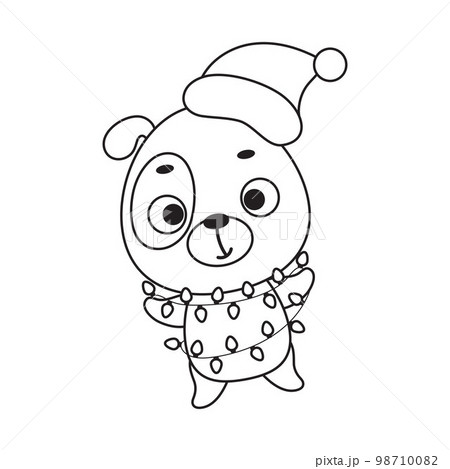 Coloring page cute Christmas dog with garland. Coloring book for kids. Edudogional activity for preschool years kids and toddlers with cute animal. Vector stock illustration 98710082
