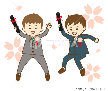 卒業証書を手に、桜を背景に友達と一緒にジャンプして写真を撮る男の子③ 98710197