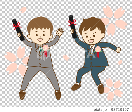 卒業証書を手に、桜を背景に友達と一緒にジャンプして写真を撮る男の子③ 98710197