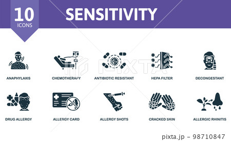 Sensitivity icon set. Monochrome simple Sensitivity icon collection. Anaphylaxis, Chemotherapy, Antibiotic Resistant, Hepa Filter, Decongestant, Drug Allergy, Allergy Card, Allergy Shots, Cracked Skin Sensitivity icon set. Monochrome simple Sensitivity icon collection. Anaphylaxis, Chemotherapy, Antibiotic Resistant, Hepa Filter, Decongestant, Drug Allergy, Allergy Card, Allergy Shots, Cracked Skin 98710847