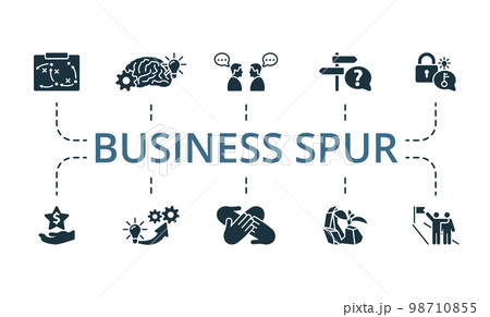 Business Spur icon set. Monochrome simple Business Spur icon collection. Tactics, Brain Storm, Communication, Solution, Problem Solving, Opportunity, Realization, Team Spirit, Persistence, Keep Going 98710855