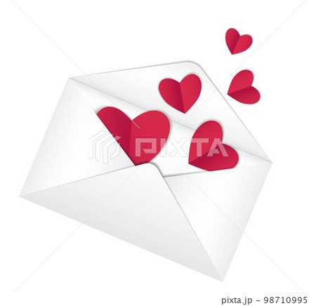 Red paper vector hearts in an envelope, valentine for valentines day. Simple minimalist banner with space for text, copy space. on a white background. Realistic vector graphics without raster effects 98710995