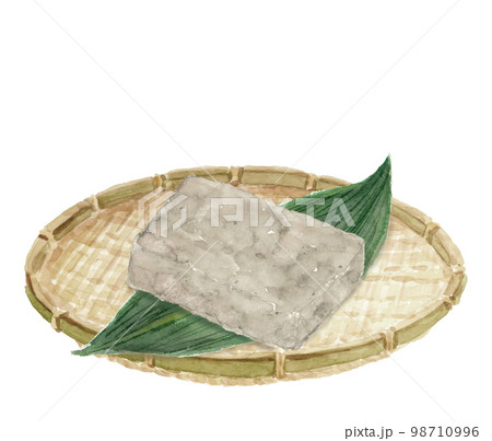 ザルに盛った昔ながらの手作りコンニャク【手描き水彩画】白バック透過背景 98710996