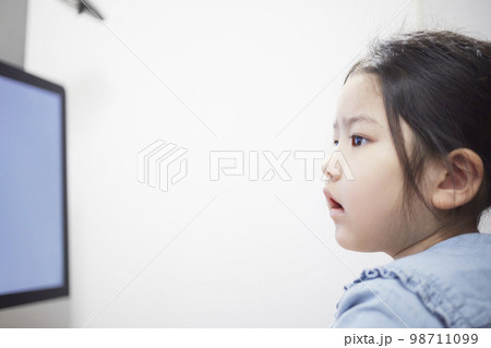 パソコンモニターで動画配信を見る子供の女の子 パソコンモニターで動画配信を見る子供の女の子 98711099