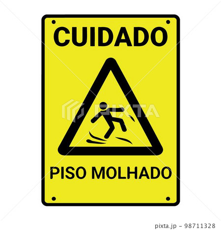 Warning sign with text "caution wet floor" in portuguese Warning sign with text "caution wet floor" in portuguese 98711328