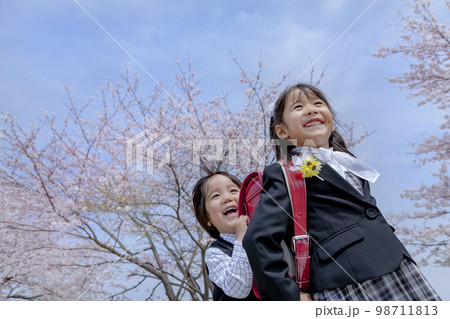 桜の咲く遊歩道を歩く入学入園の姉弟 98711813