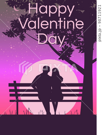 Silhouette loving couple on the bench at night....のイラスト素材 [98711921 ...