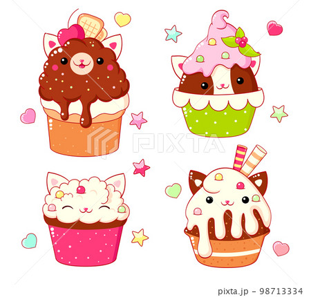 Set of cute sweet animal-shaped desserts in kawaii style. Cat-shaped cake, muffin and cupcake with whipped cream. 98713334