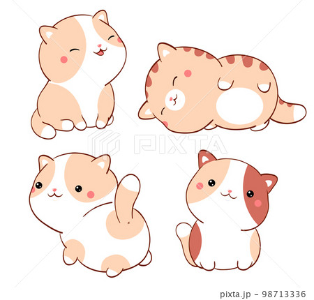 Set of cute fat cats kawaii style. Collection of lovely little kitty in different poses. Can be used for t-shirt print, stickers, greeting card design 98713336