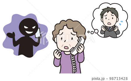 詐欺の電話を受ける高齢女性 98713428