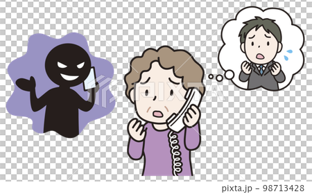 詐欺の電話を受ける高齢女性 98713428