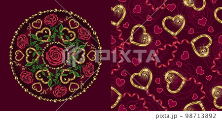 Set of round ornament, seamless pattern for wedding, engagement event, Valentines Day, gift decoration. Roses, golden heart, ribbons, beads on dark red background. Vintage style 98713892