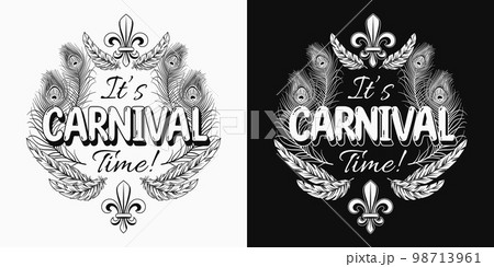 Black and white Mardi Gras label with fleur de lis symbol, feathers, text 98713961