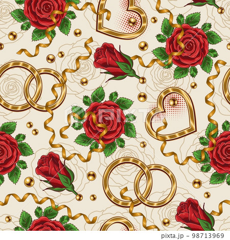 Valentines day seamless pattern with hearts, rings, rose flowers, ribbons, beads Valentines day seamless pattern with hearts, rings, rose flowers, ribbons, beads 98713969