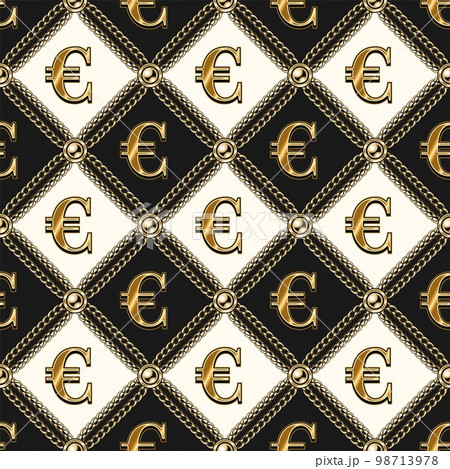 Staggered luxury vintage black and white pattern with shiny gold euro sign, gold chains, beads. Staggered luxury vintage black and white pattern with shiny gold euro sign, gold chains, beads. 98713978