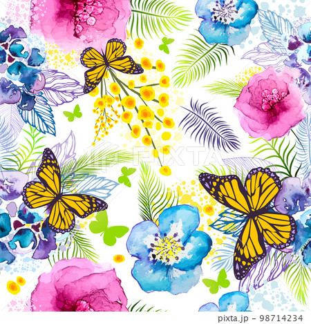 Watercolor flowers seamless pattern with butterflies. Vector illustration 98714234