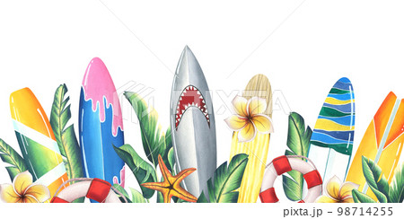 Different, bright surfboards with tropical leaves and plumeria flowers, starfish and lifebuoys. watercolor illustration. A template from the SURFING collection. For decoration and design Different, bright surfboards with tropical leaves and plumeria flowers, starfish and lifebuoys. watercolor illustration. A template from the SURFING collection. For decoration and design 98714255