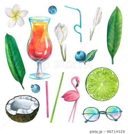 Cocktail with coconut, lime, blueberries, tropical leaves, plumeria flowers, pink flamingos and sunglasses. Watercolor illustration. A set of isolated objects from the BEACH BAR collection. Cocktail with coconut, lime, blueberries, tropical leaves, plumeria flowers, pink flamingos and sunglasses. Watercolor illustration. A set of isolated objects from the BEACH BAR collection. 98714329