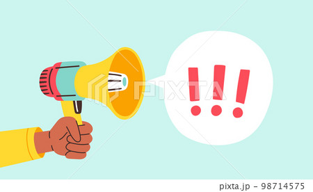 Hand holding megaphone on protest demostration or picket. Against violence, discrimination, human rights violation 98714575