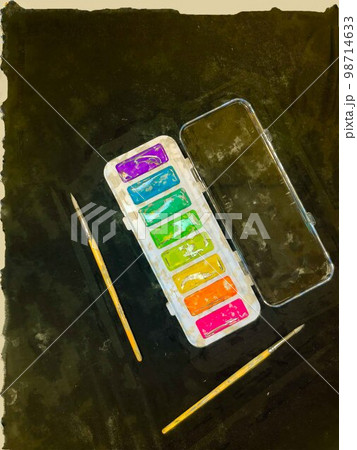 Digital watercolor art kids paint box open with brushes on black background 98714633