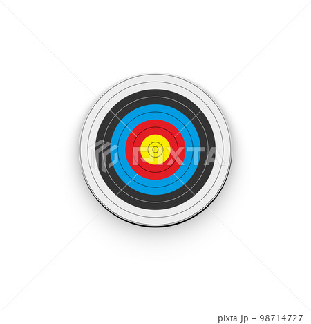 3d archery target, front view vector illustration. Realistic isolated empty round dartboard with yellow center bullseye, red, black and blue rings to hit with archers darts or arrows 98714727