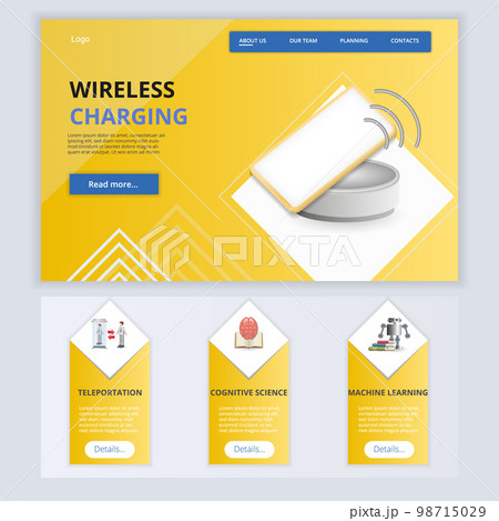 Wireless charging flat landing page website template. Teleportation, cognitive science, machine learning. Web banner with header, content and footer. Vector illustration. 98715029