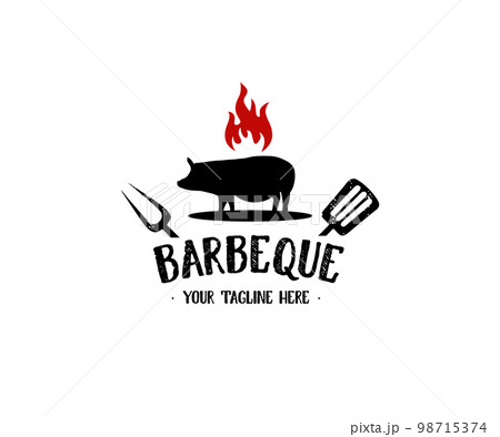 Barbeque BBQ logo invitation with pig pork and crossed spatula fork, hipster style logo design. With realistic ribbon and fire flame element vector design and illustration. 98715374