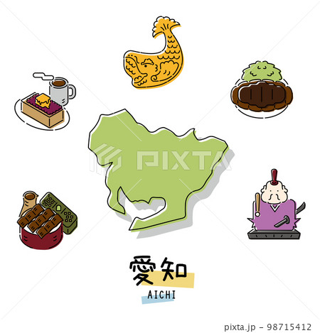 日本の愛知県のグルメ観光アイコンセット（線画） 98715412