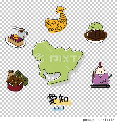 日本の愛知県のグルメ観光アイコンセット（線画） 98715412