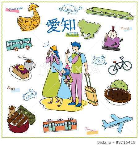 日本の愛知県のグルメ観光を楽しむ旅行客の家族とアイコンのセット(線画) 日本の愛知県のグルメ観光を楽しむ旅行客の家族とアイコンのセット(線画) 98715419