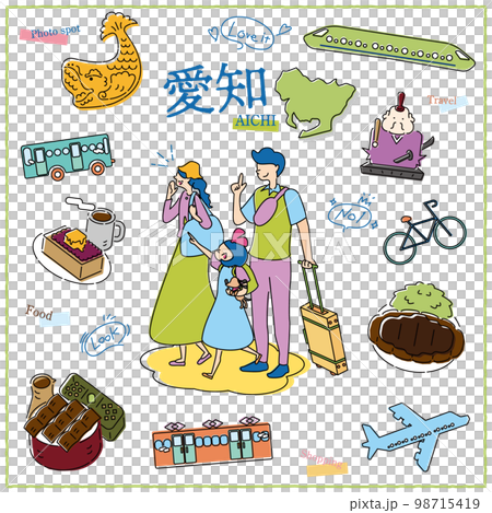 日本の愛知県のグルメ観光を楽しむ旅行客の家族とアイコンのセット(線画) 日本の愛知県のグルメ観光を楽しむ旅行客の家族とアイコンのセット(線画) 98715419