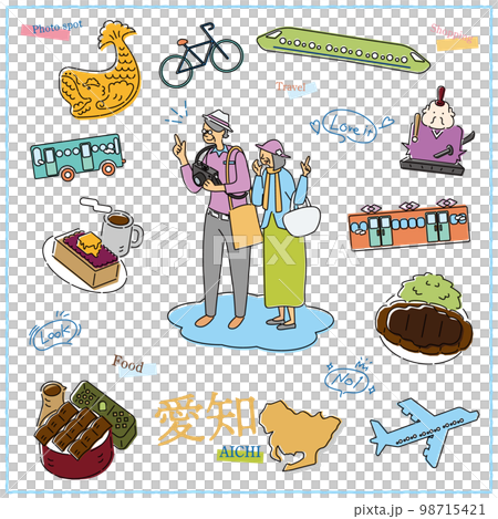 日本の愛知県のグルメ観光を楽しむ旅行客のシニア夫婦とアイコンのセット(線画) 日本の愛知県のグルメ観光を楽しむ旅行客のシニア夫婦とアイコンのセット(線画) 98715421