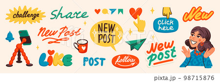 Blog content icons. Various colorful stickers and a girls blogger portrait. Blogger or vlogger cartoon character making internet content vector flat illustration Blog content icons. Various colorful stickers and a girls blogger portrait. Blogger or vlogger cartoon character making internet content vector flat illustration 98715876