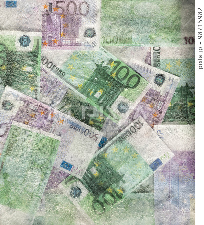 Blurred photo of one hundred and five hundred euros are defrosted in ice. The European cash currency is frozen. 98715982